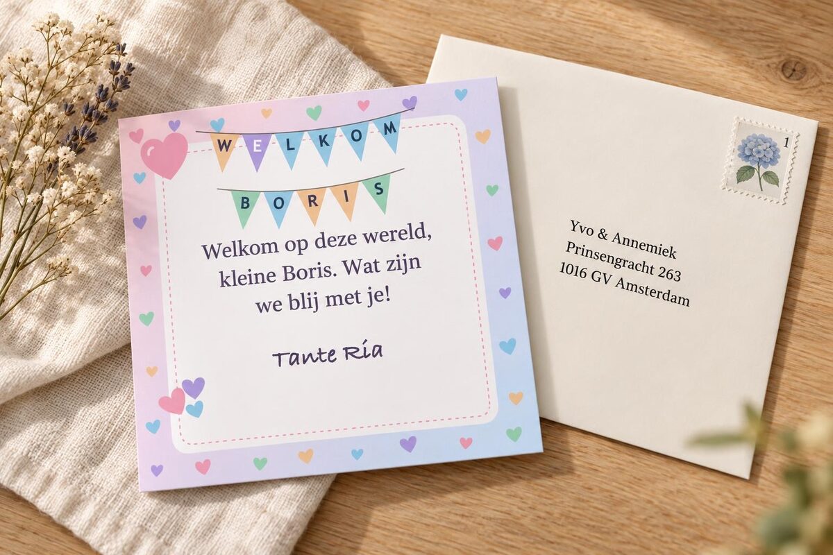 A congratulations card from the pin board, printed, with the envelope it is delivered to you in