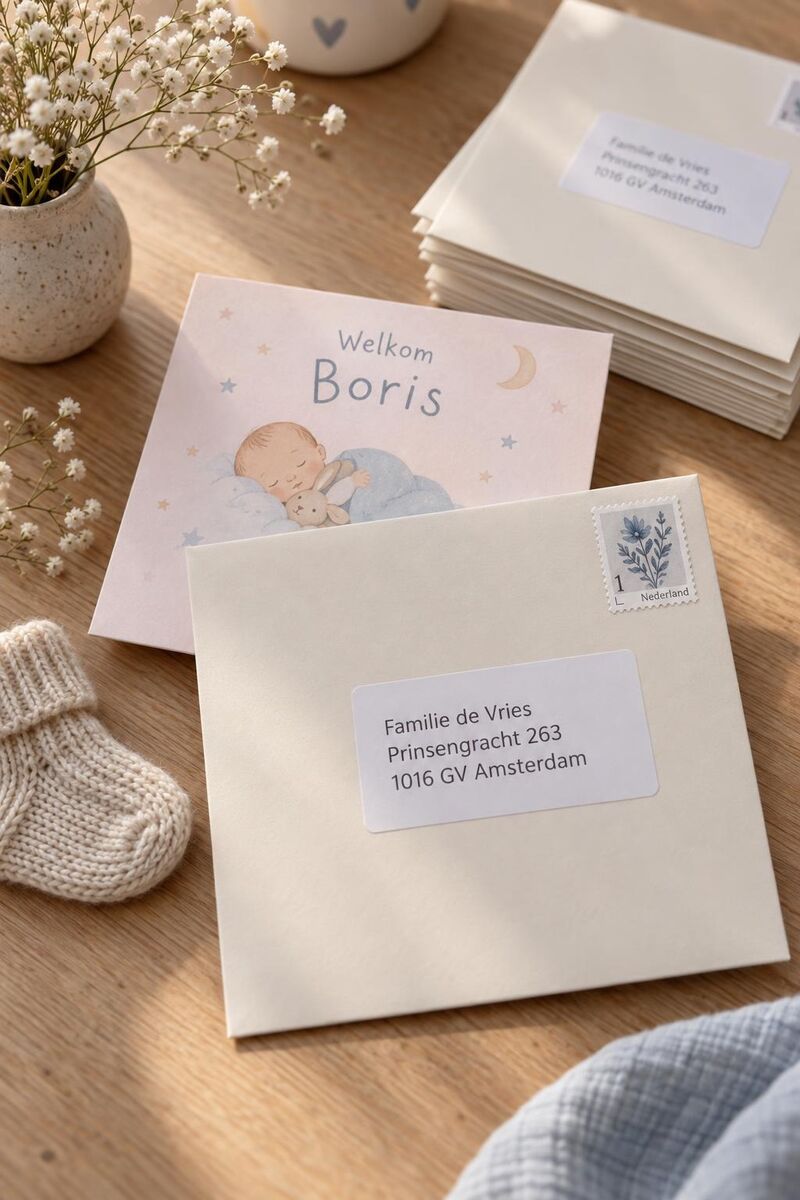 A birth announcement with a square envelope, addressed with an address label and a stamp