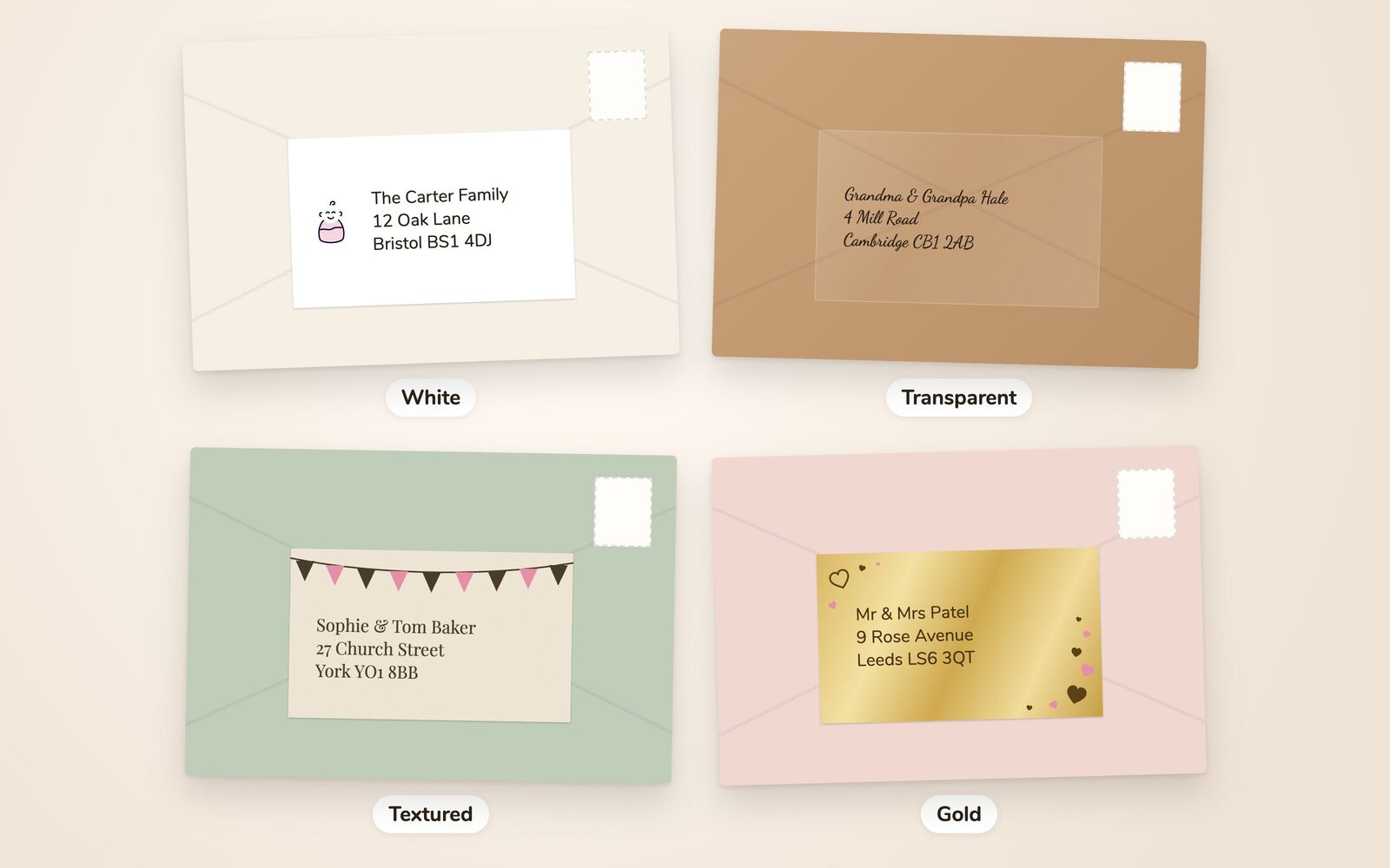 Four papers, each with a design of its own